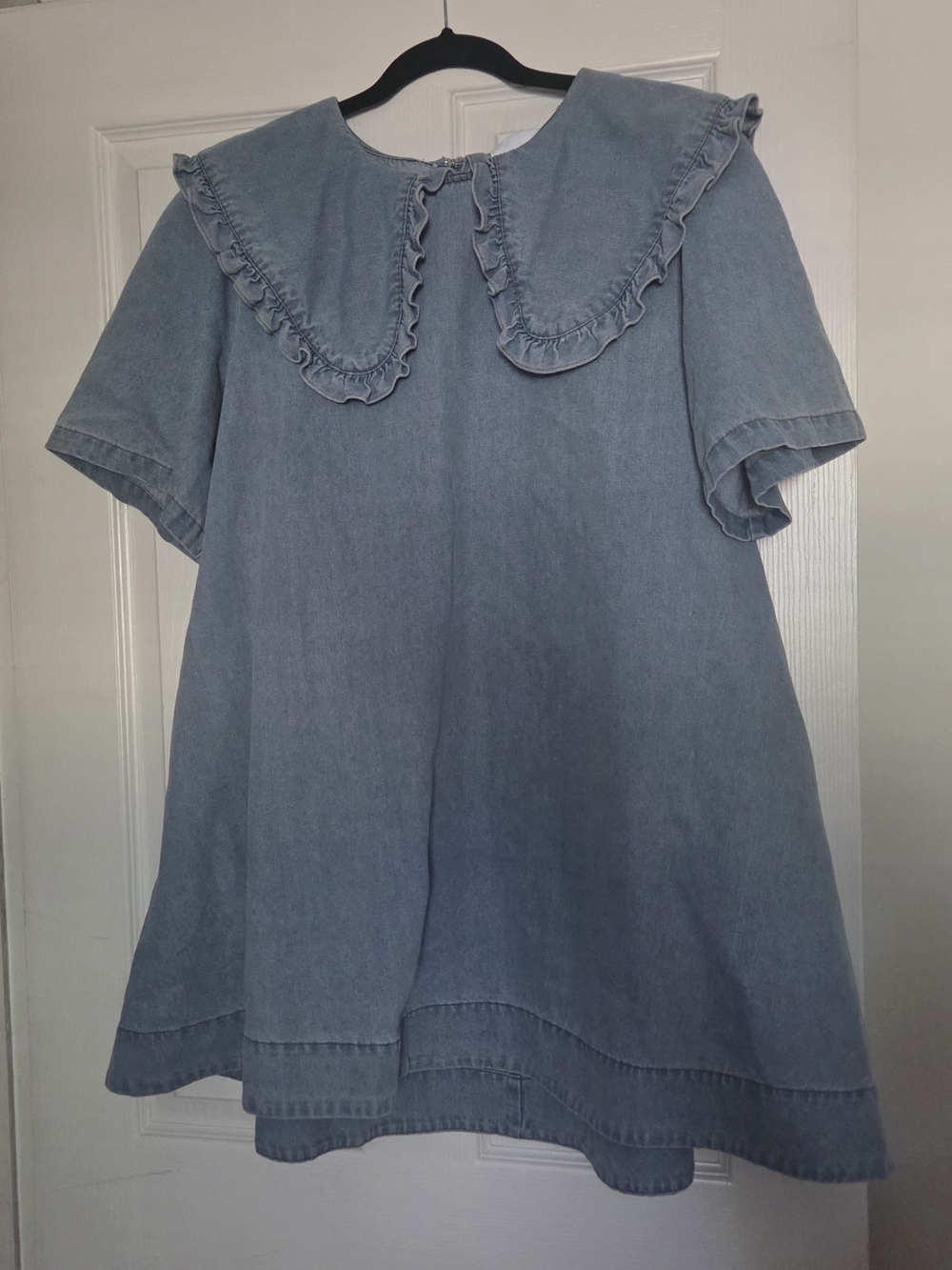 Light Blue Denim Mini Dress with Ruffled Peter Pan Collar